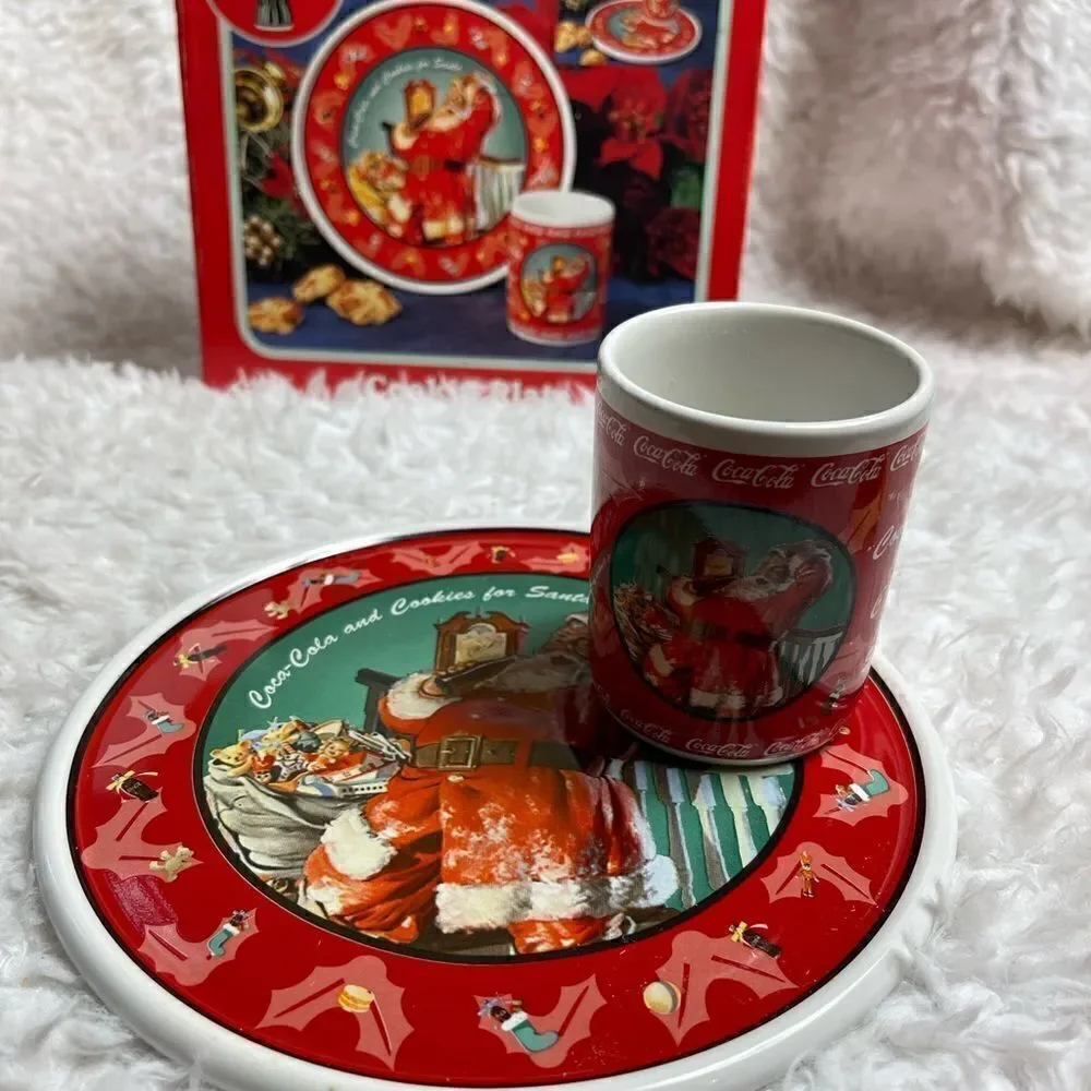 1998 Enesco Coca Cola Santa Cookie Plate & Tumbler Set